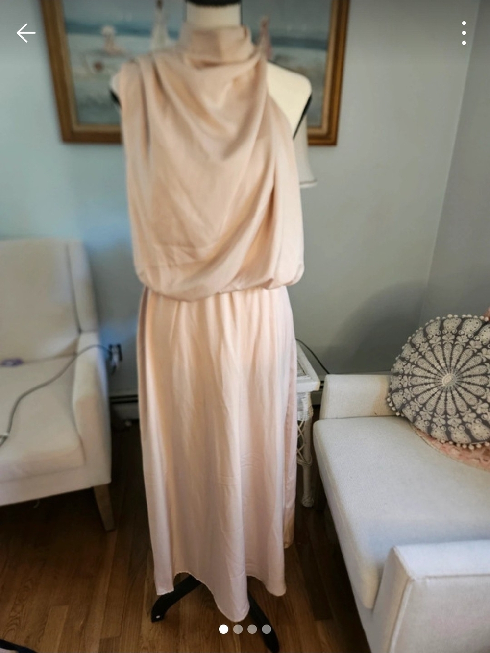 Elegant Champagne Pink Maxi Dress with Draped Halter Neck